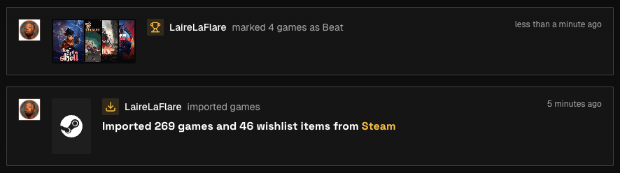 PlayThis activity feed showing Steam import of 269 games and wishlist items